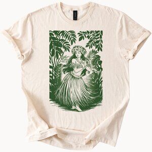 Hula Dancer Tropical Leaves Graphic T-Shirt Hawaii Aloha Tee